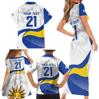 Uruguay Football Custom Family Matching Short Sleeve Bodycon Dress and Hawaiian Shirt La Celeste Sol de Mayo Motif