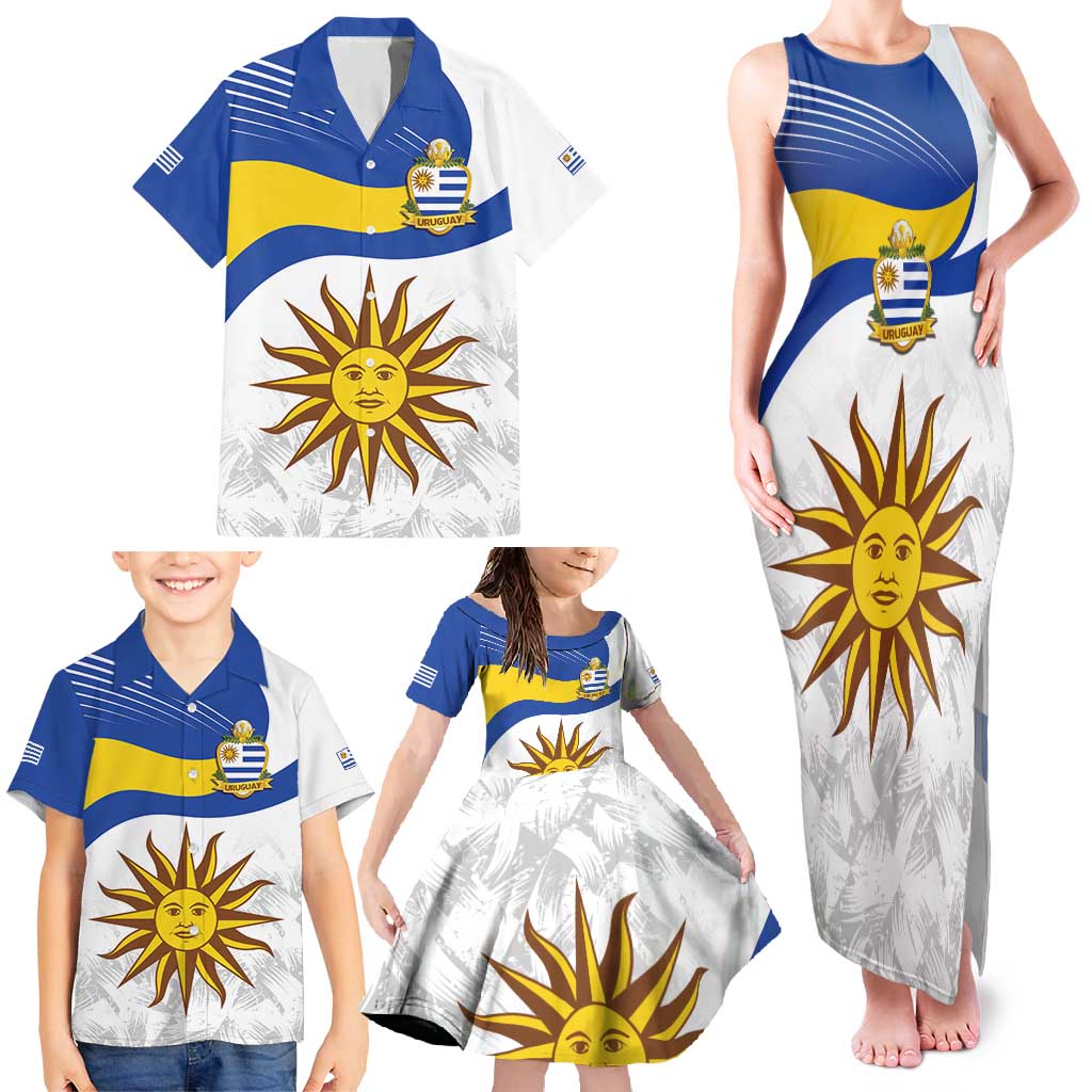 Uruguay Football Custom Family Matching Tank Maxi Dress and Hawaiian Shirt La Celeste Sol de Mayo Motif