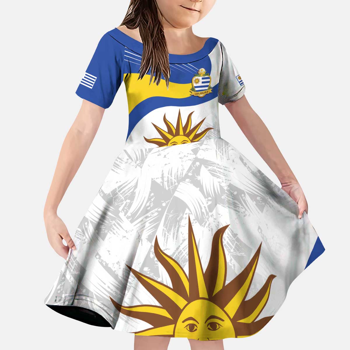 Uruguay Football Custom Kid Short Sleeve Dress La Celeste Sol de Mayo Motif