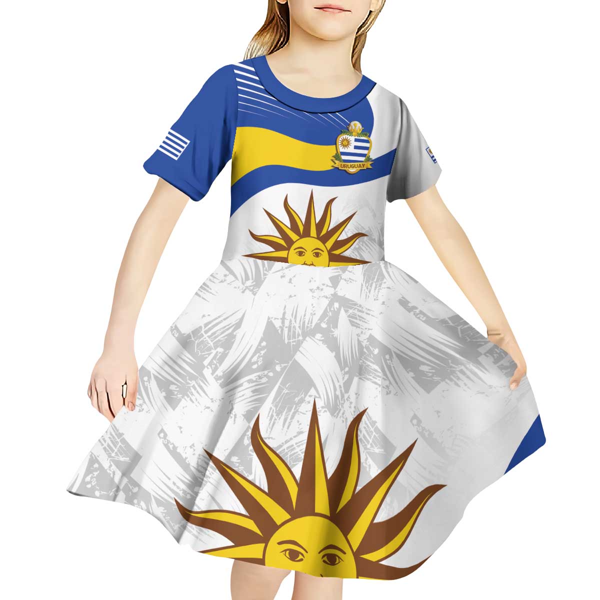 Uruguay Football Custom Kid Short Sleeve Dress La Celeste Sol de Mayo Motif
