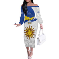 Uruguay Football Custom Off The Shoulder Long Sleeve Dress La Celeste Sol de Mayo Motif