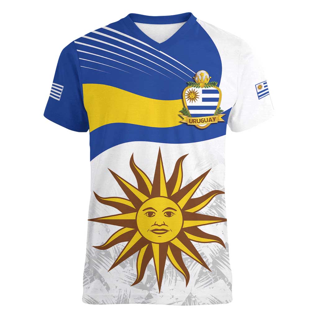 Uruguay Football Custom Women V-Neck T-Shirt La Celeste Sol de Mayo Motif