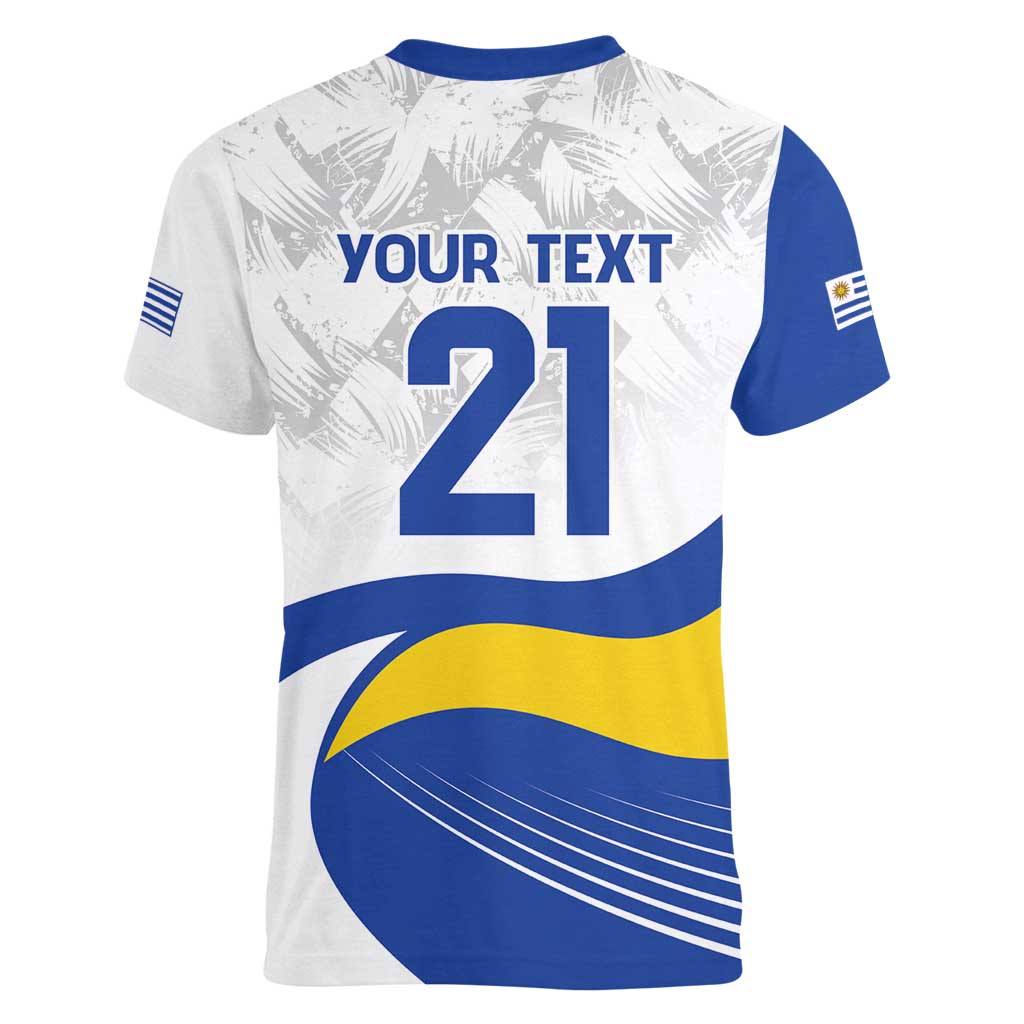 Uruguay Football Custom Women V-Neck T-Shirt La Celeste Sol de Mayo Motif