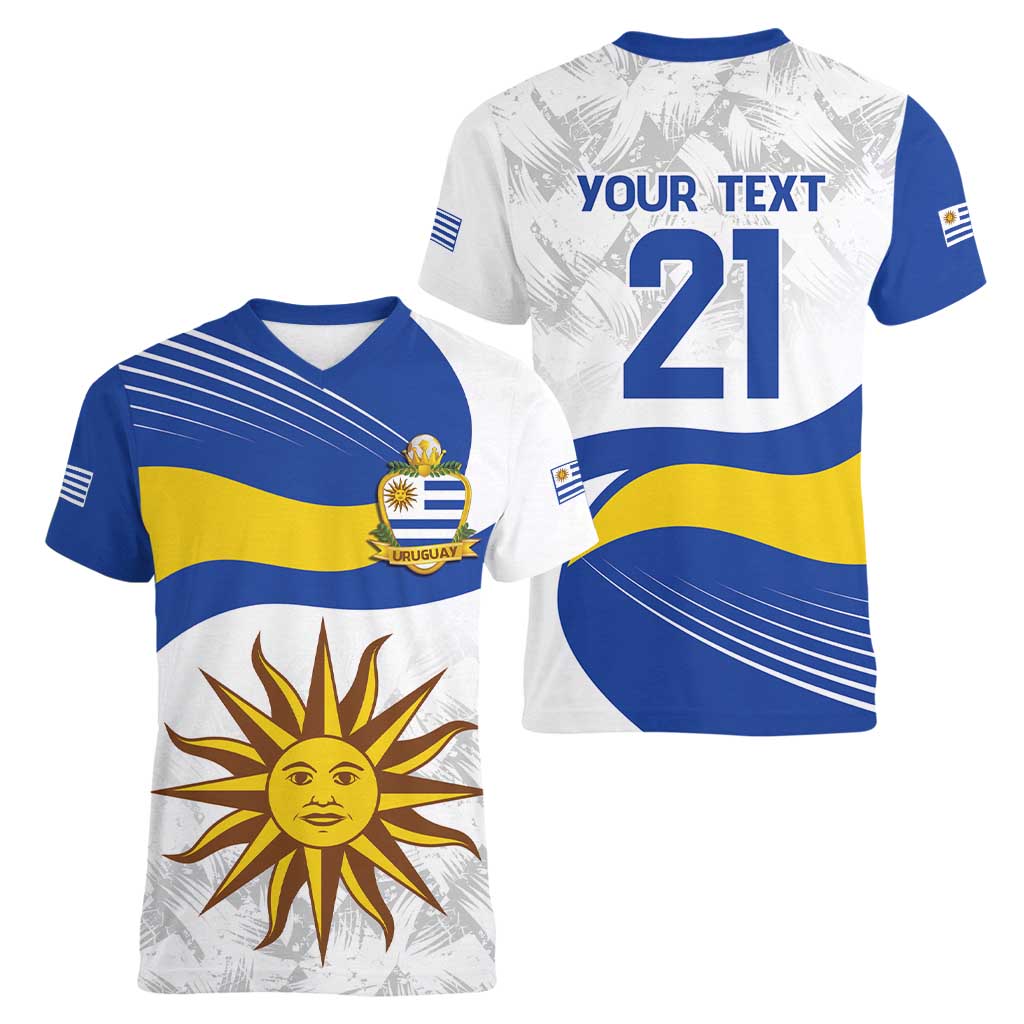 Uruguay Football Custom Women V-Neck T-Shirt La Celeste Sol de Mayo Motif