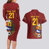 Venezuela Football Custom Couples Matching Long Sleeve Bodycon Dress and Hawaiian Shirt La Vinotinto Red Wine Coat of Arms