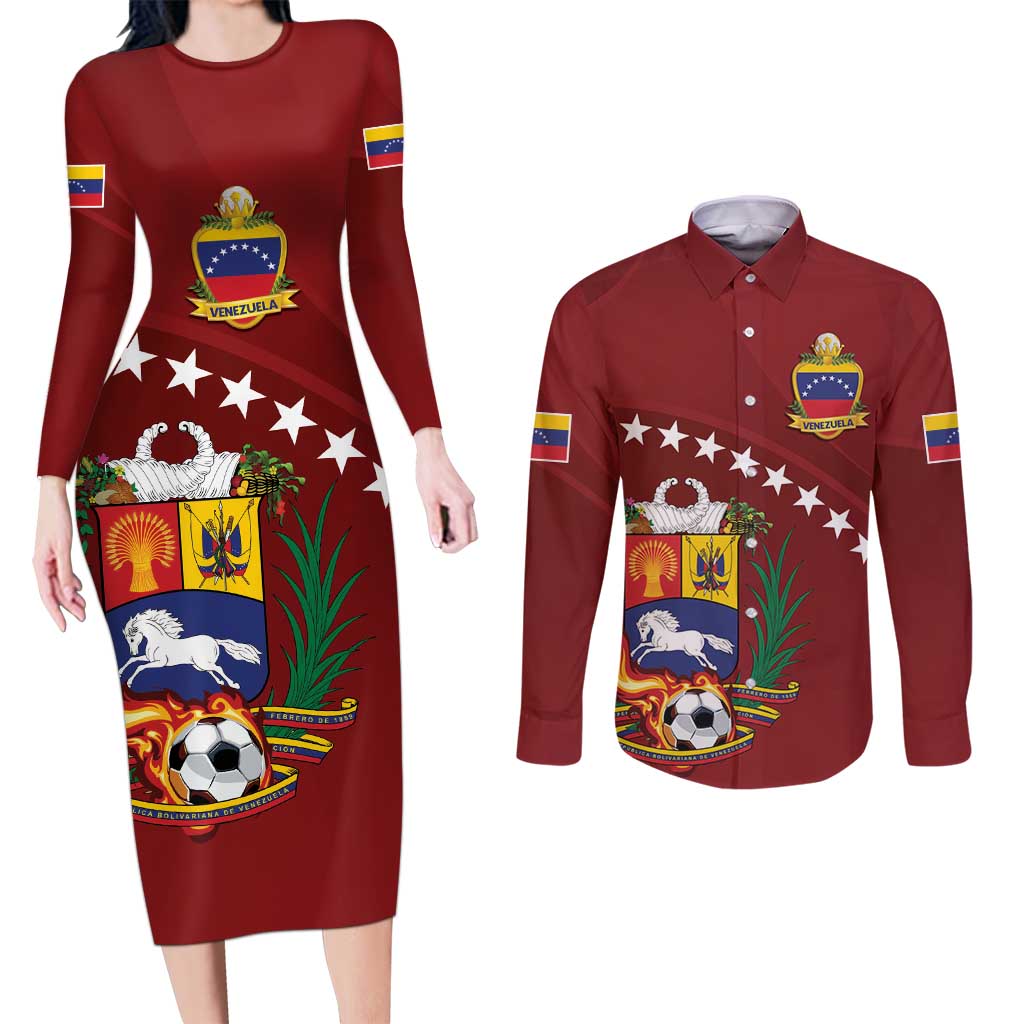 Venezuela Football Custom Couples Matching Long Sleeve Bodycon Dress and Long Sleeve Button Shirt La Vinotinto Red Wine Coat of Arms