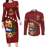 Venezuela Football Custom Couples Matching Long Sleeve Bodycon Dress and Long Sleeve Button Shirt La Vinotinto Red Wine Coat of Arms