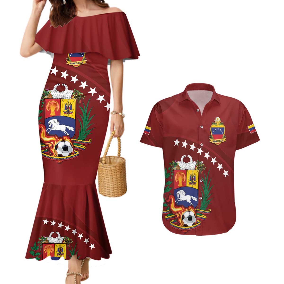 Venezuela Football Custom Couples Matching Mermaid Dress and Hawaiian Shirt La Vinotinto Red Wine Coat of Arms