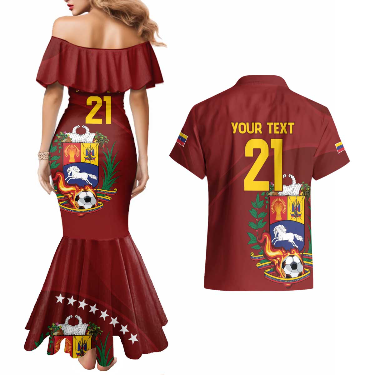 Venezuela Football Custom Couples Matching Mermaid Dress and Hawaiian Shirt La Vinotinto Red Wine Coat of Arms