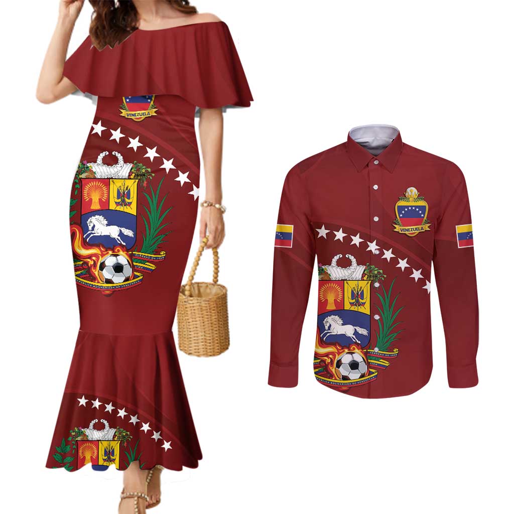 Venezuela Football Custom Couples Matching Mermaid Dress and Long Sleeve Button Shirt La Vinotinto Red Wine Coat of Arms