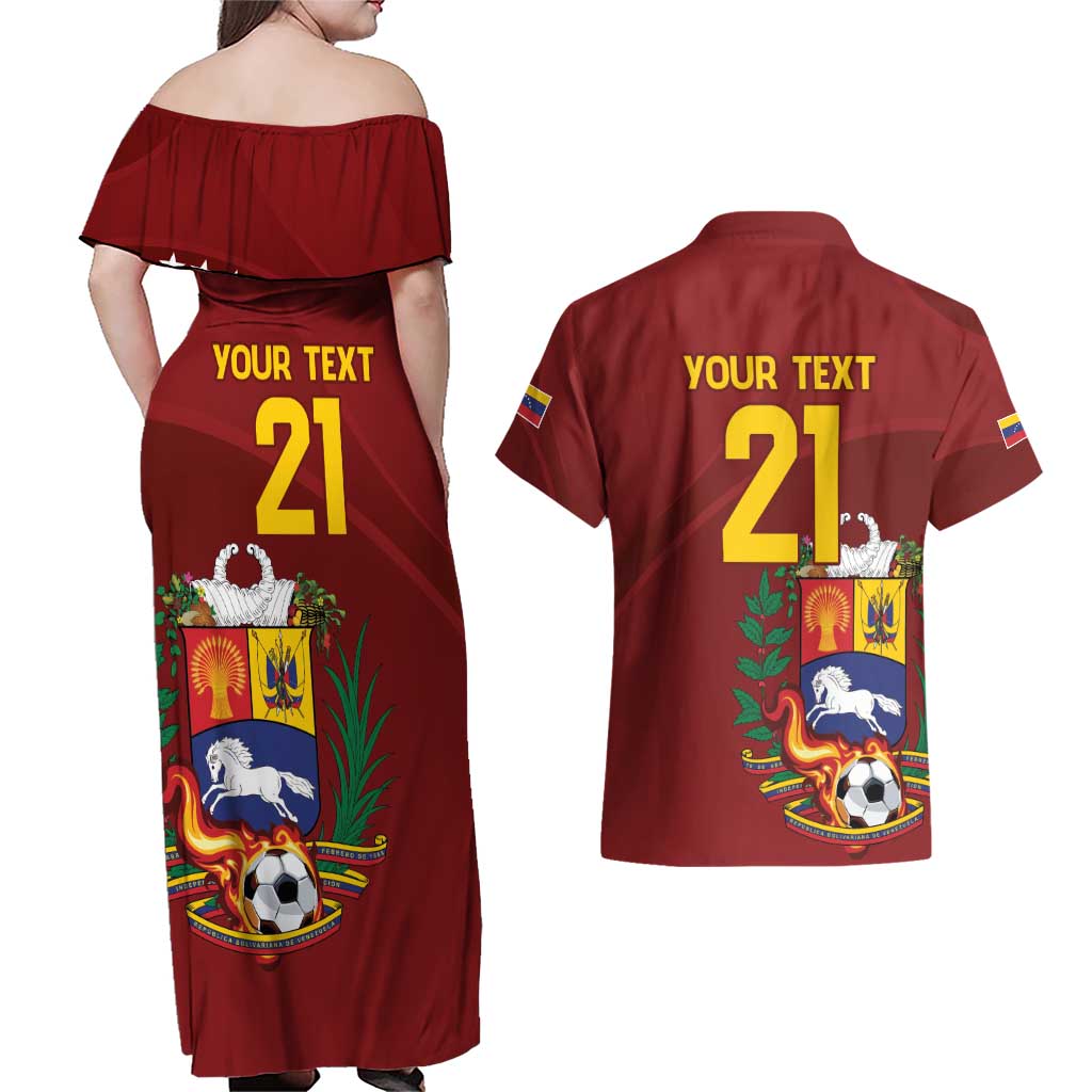 Venezuela Football Custom Couples Matching Off Shoulder Maxi Dress and Hawaiian Shirt La Vinotinto Red Wine Coat of Arms