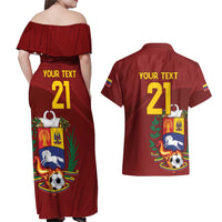Venezuela Football Custom Couples Matching Off Shoulder Maxi Dress and Hawaiian Shirt La Vinotinto Red Wine Coat of Arms