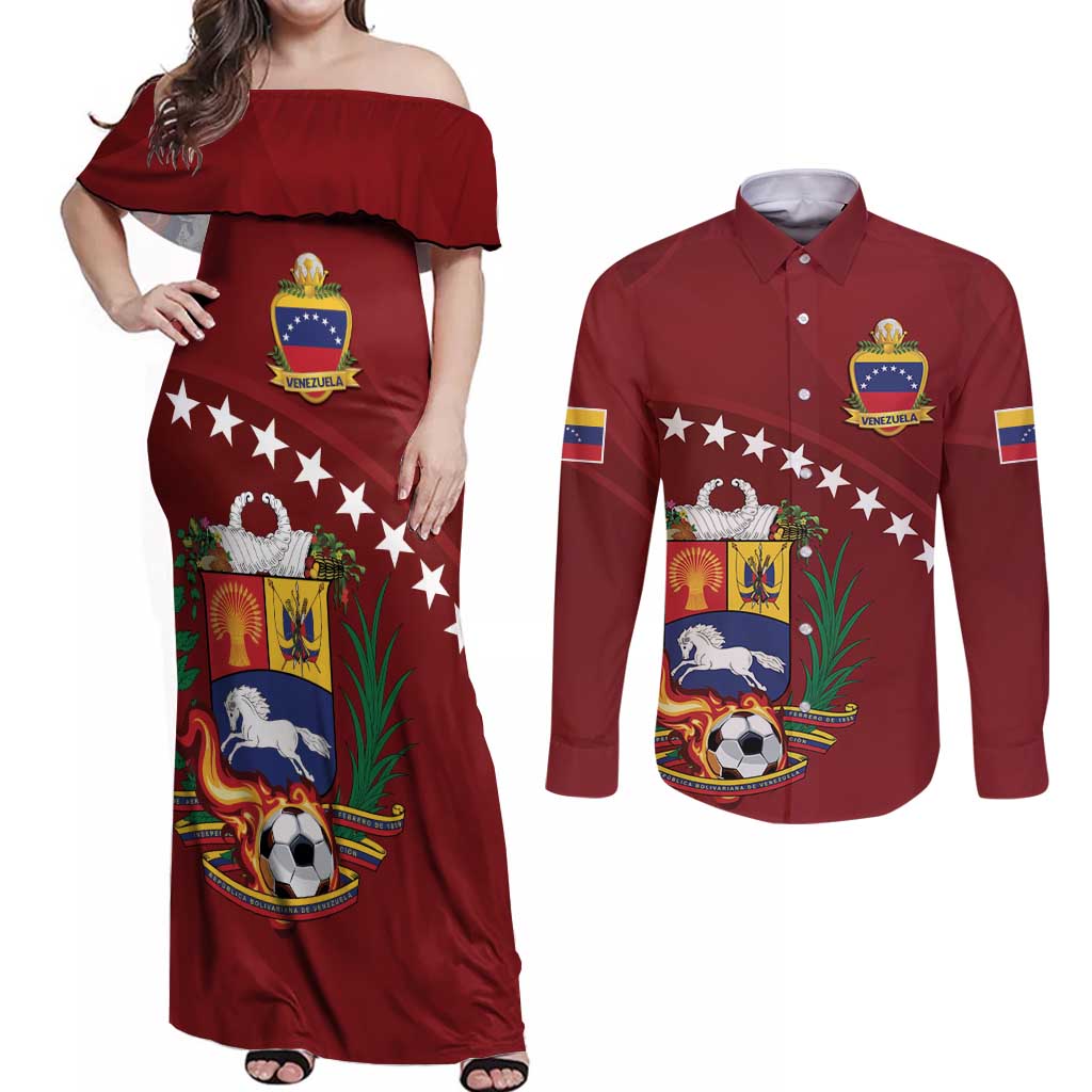 Venezuela Football Custom Couples Matching Off Shoulder Maxi Dress and Long Sleeve Button Shirt La Vinotinto Red Wine Coat of Arms