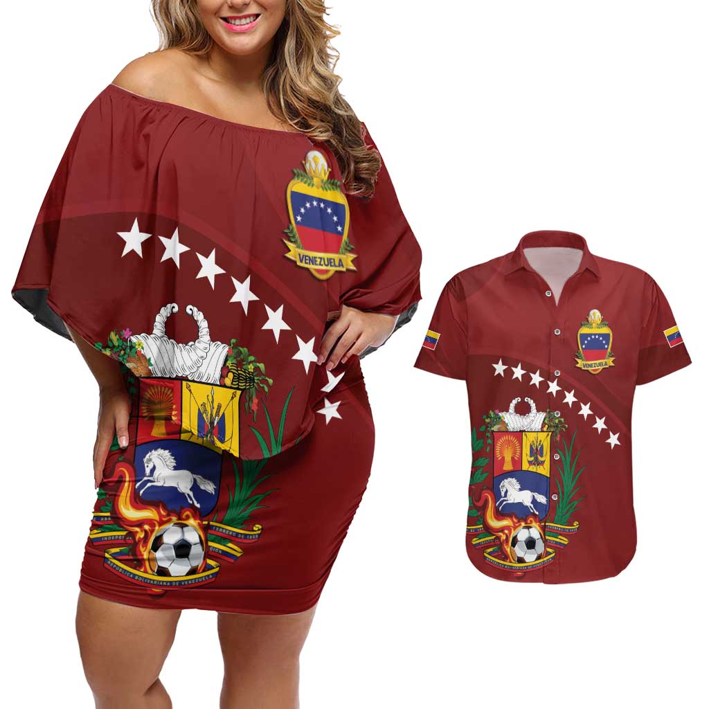 Venezuela Football Custom Couples Matching Off Shoulder Short Dress and Hawaiian Shirt La Vinotinto Red Wine Coat of Arms