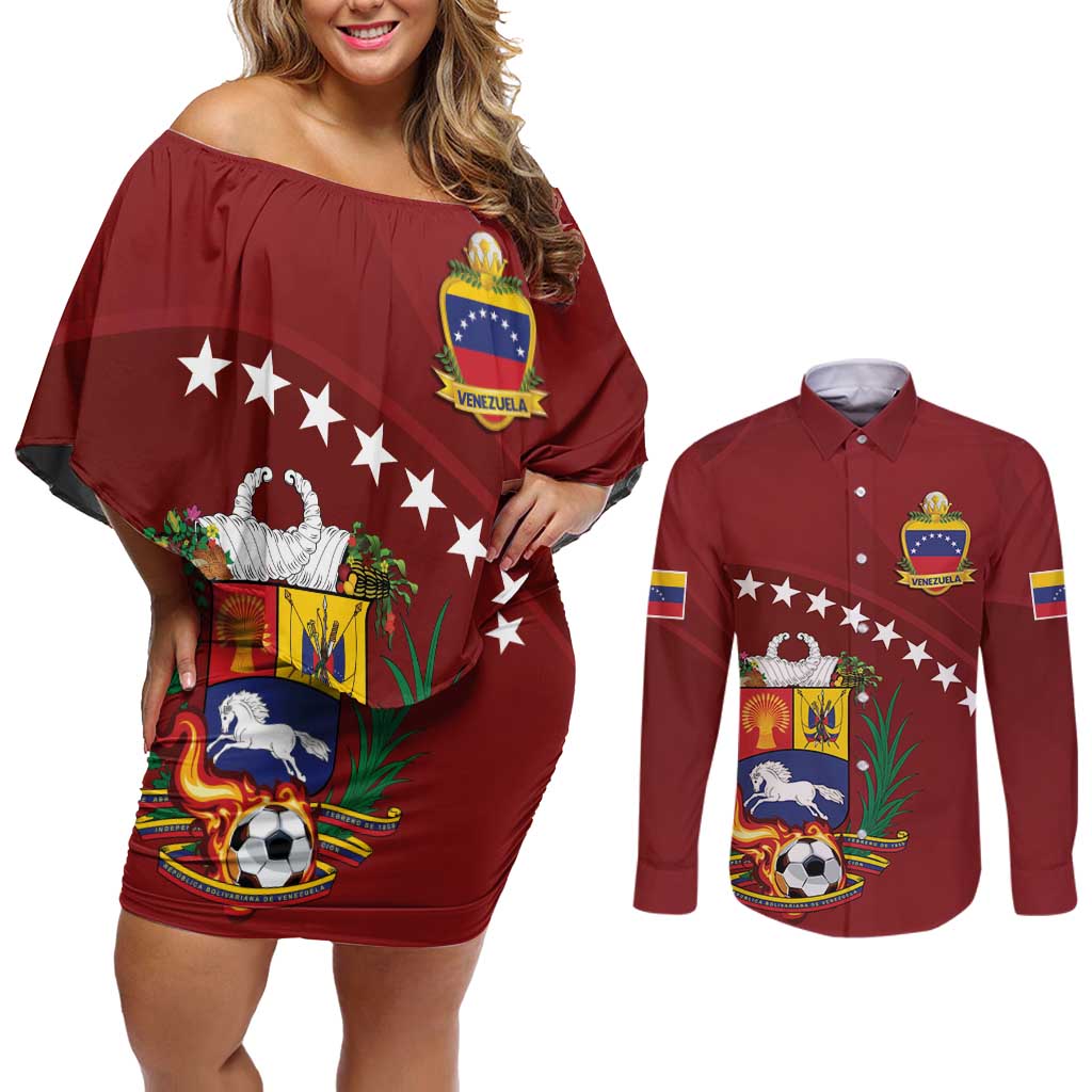 Venezuela Football Custom Couples Matching Off Shoulder Short Dress and Long Sleeve Button Shirt La Vinotinto Red Wine Coat of Arms