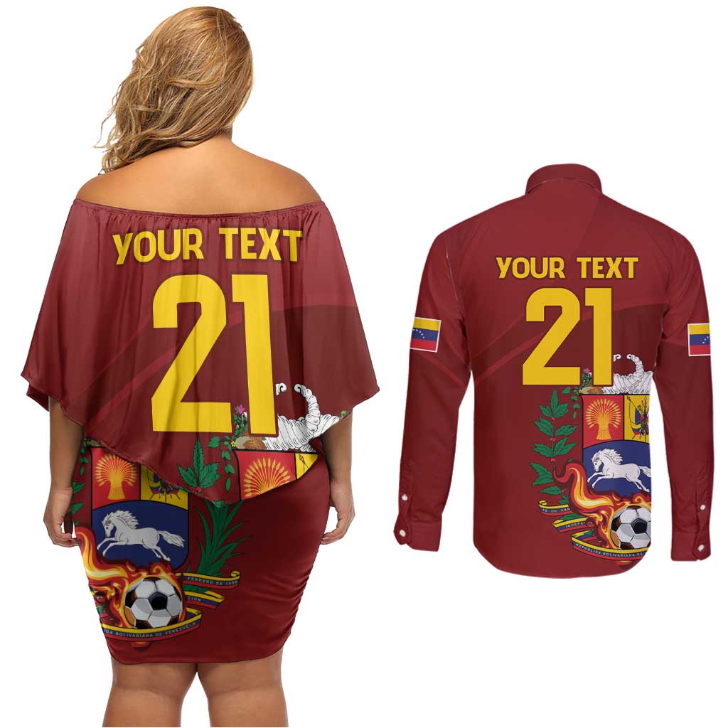 Venezuela Football Custom Couples Matching Off Shoulder Short Dress and Long Sleeve Button Shirt La Vinotinto Red Wine Coat of Arms