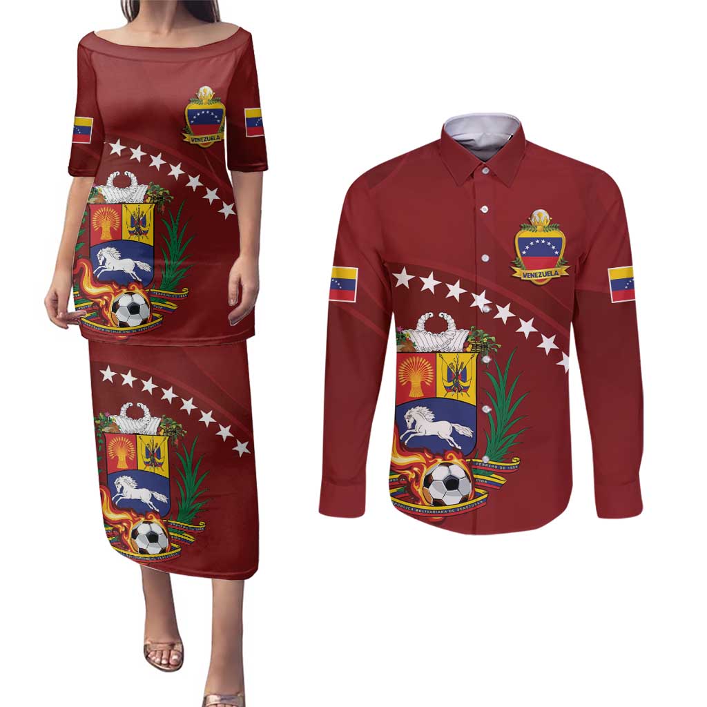 Venezuela Football Custom Couples Matching Puletasi and Long Sleeve Button Shirt La Vinotinto Red Wine Coat of Arms