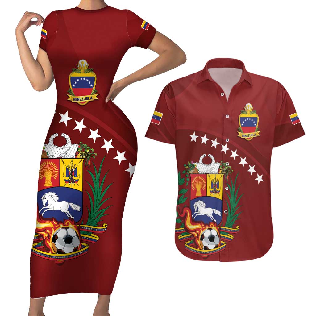Venezuela Football Custom Couples Matching Short Sleeve Bodycon Dress and Hawaiian Shirt La Vinotinto Red Wine Coat of Arms