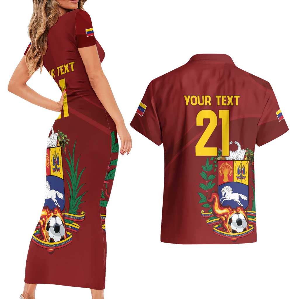 Venezuela Football Custom Couples Matching Short Sleeve Bodycon Dress and Hawaiian Shirt La Vinotinto Red Wine Coat of Arms