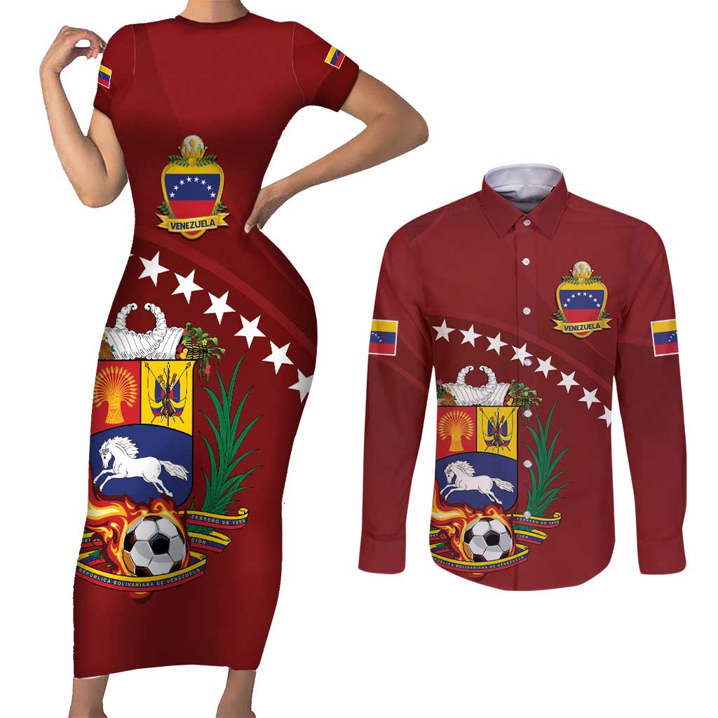 Venezuela Football Custom Couples Matching Short Sleeve Bodycon Dress and Long Sleeve Button Shirt La Vinotinto Red Wine Coat of Arms