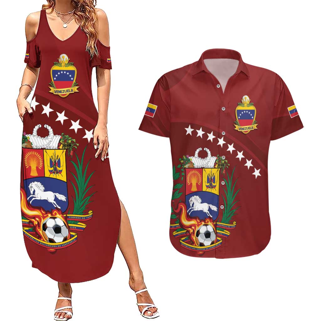 Venezuela Football Custom Couples Matching Summer Maxi Dress and Hawaiian Shirt La Vinotinto Red Wine Coat of Arms