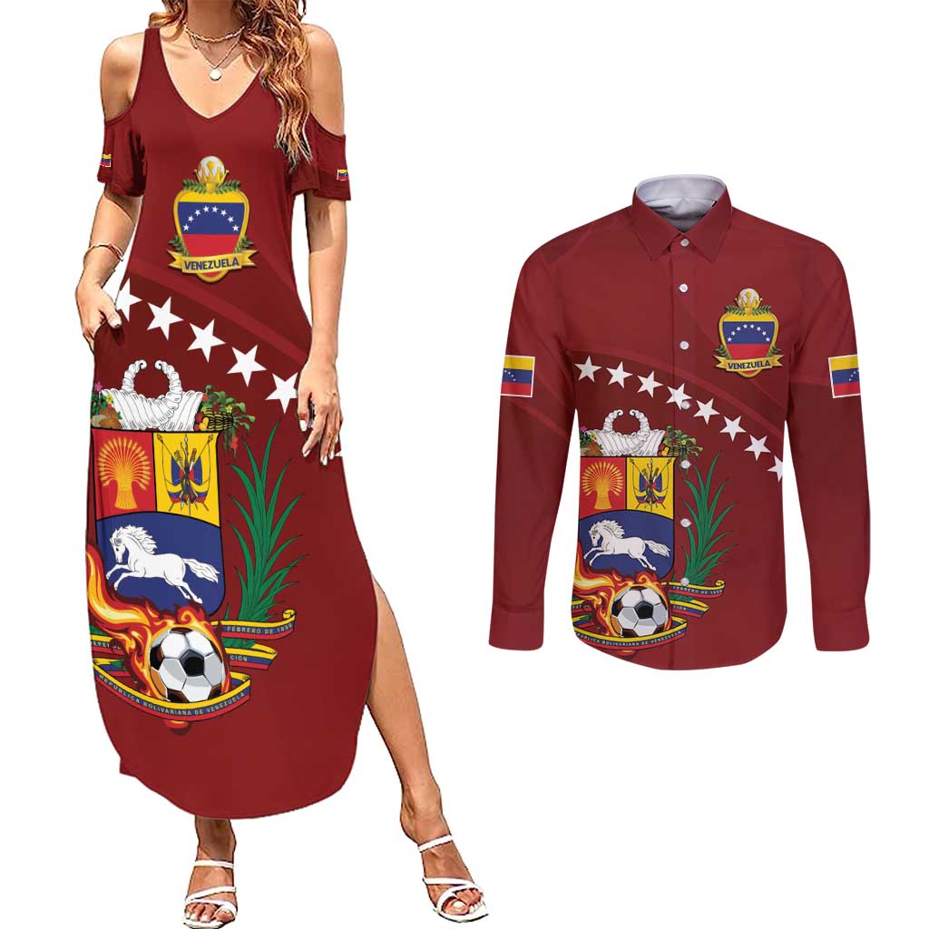 Venezuela Football Custom Couples Matching Summer Maxi Dress and Long Sleeve Button Shirt La Vinotinto Red Wine Coat of Arms