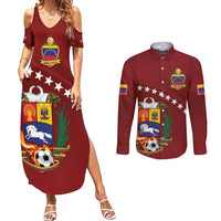 Venezuela Football Custom Couples Matching Summer Maxi Dress and Long Sleeve Button Shirt La Vinotinto Red Wine Coat of Arms