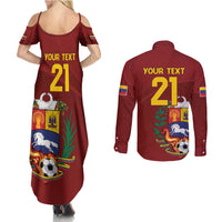 Venezuela Football Custom Couples Matching Summer Maxi Dress and Long Sleeve Button Shirt La Vinotinto Red Wine Coat of Arms