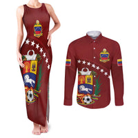 Venezuela Football Custom Couples Matching Tank Maxi Dress and Long Sleeve Button Shirt La Vinotinto Red Wine Coat of Arms