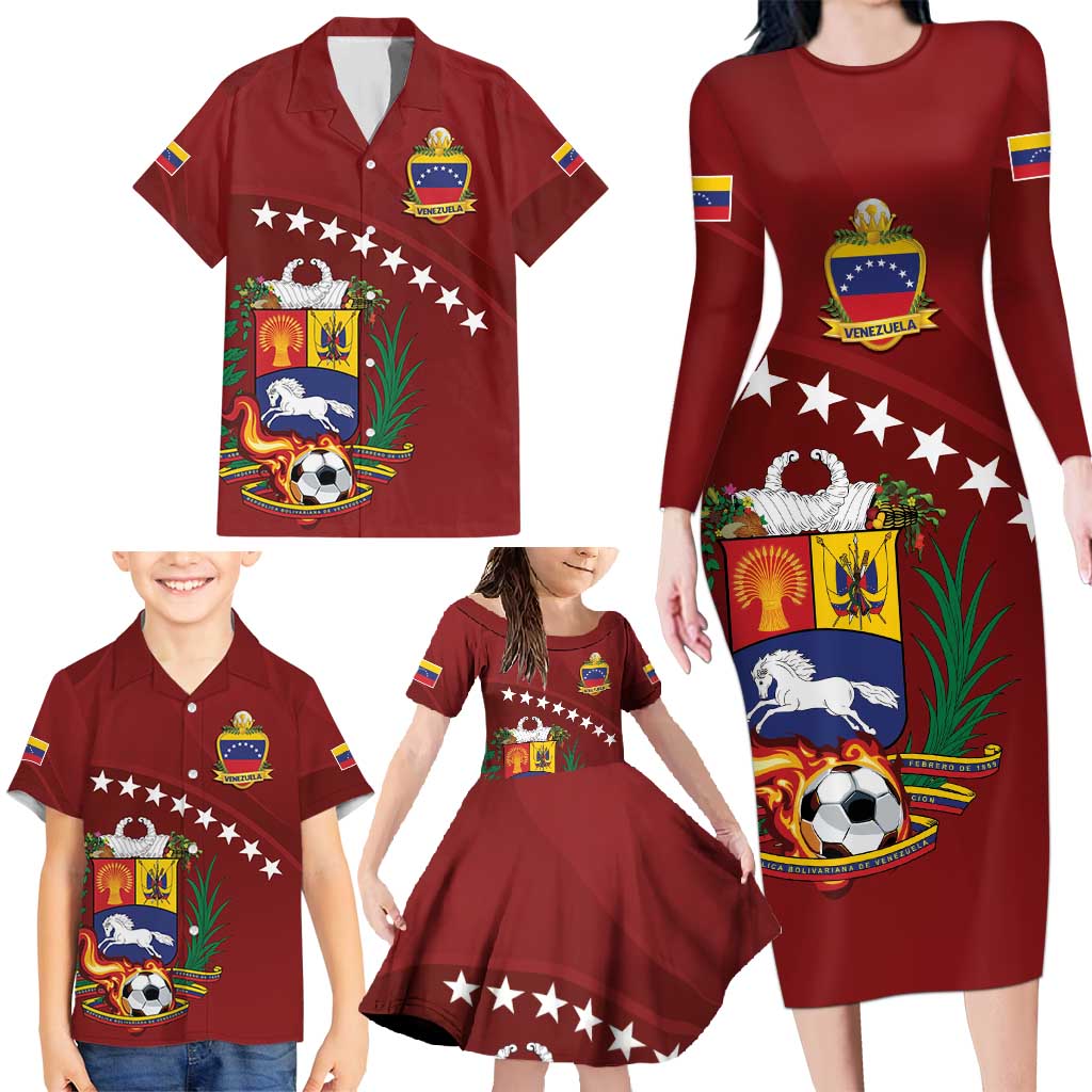 Venezuela Football Custom Family Matching Long Sleeve Bodycon Dress and Hawaiian Shirt La Vinotinto Red Wine Coat of Arms