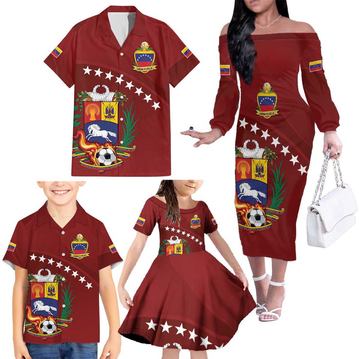 Venezuela Football Custom Family Matching Off The Shoulder Long Sleeve Dress and Hawaiian Shirt La Vinotinto Red Wine Coat of Arms
