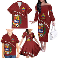 Venezuela Football Custom Family Matching Off The Shoulder Long Sleeve Dress and Hawaiian Shirt La Vinotinto Red Wine Coat of Arms