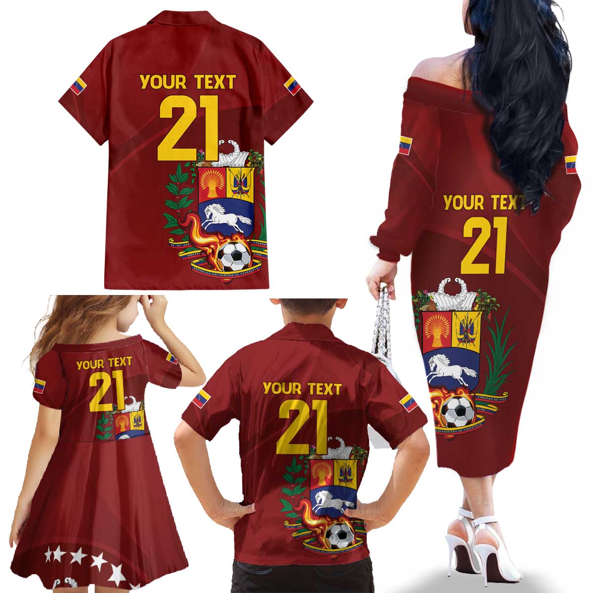 Venezuela Football Custom Family Matching Off The Shoulder Long Sleeve Dress and Hawaiian Shirt La Vinotinto Red Wine Coat of Arms