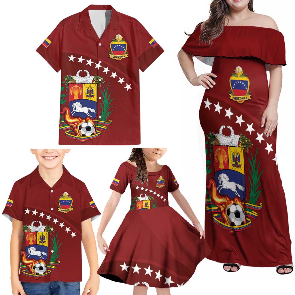 Venezuela Football Custom Family Matching Off Shoulder Maxi Dress and Hawaiian Shirt La Vinotinto Red Wine Coat of Arms