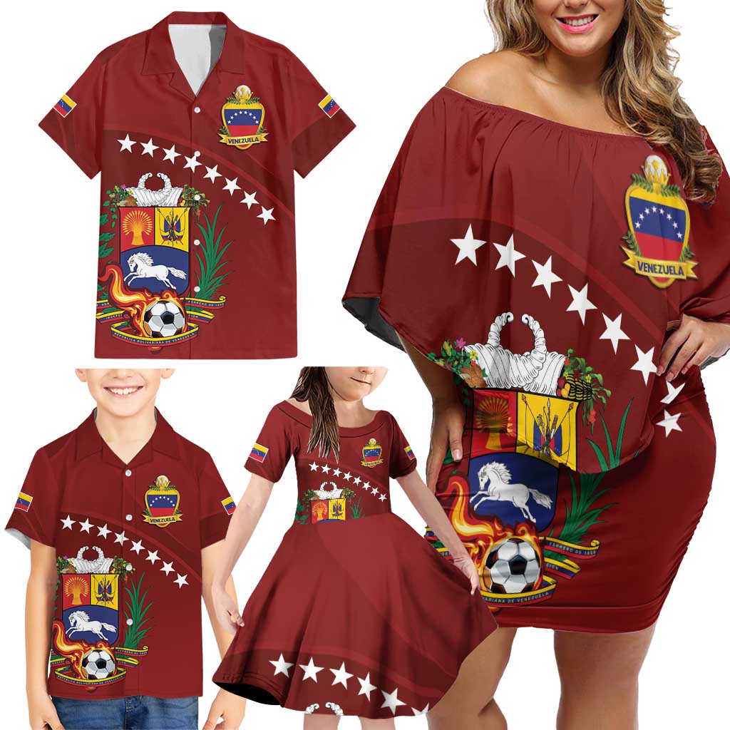 Venezuela Football Custom Family Matching Off Shoulder Short Dress and Hawaiian Shirt La Vinotinto Red Wine Coat of Arms