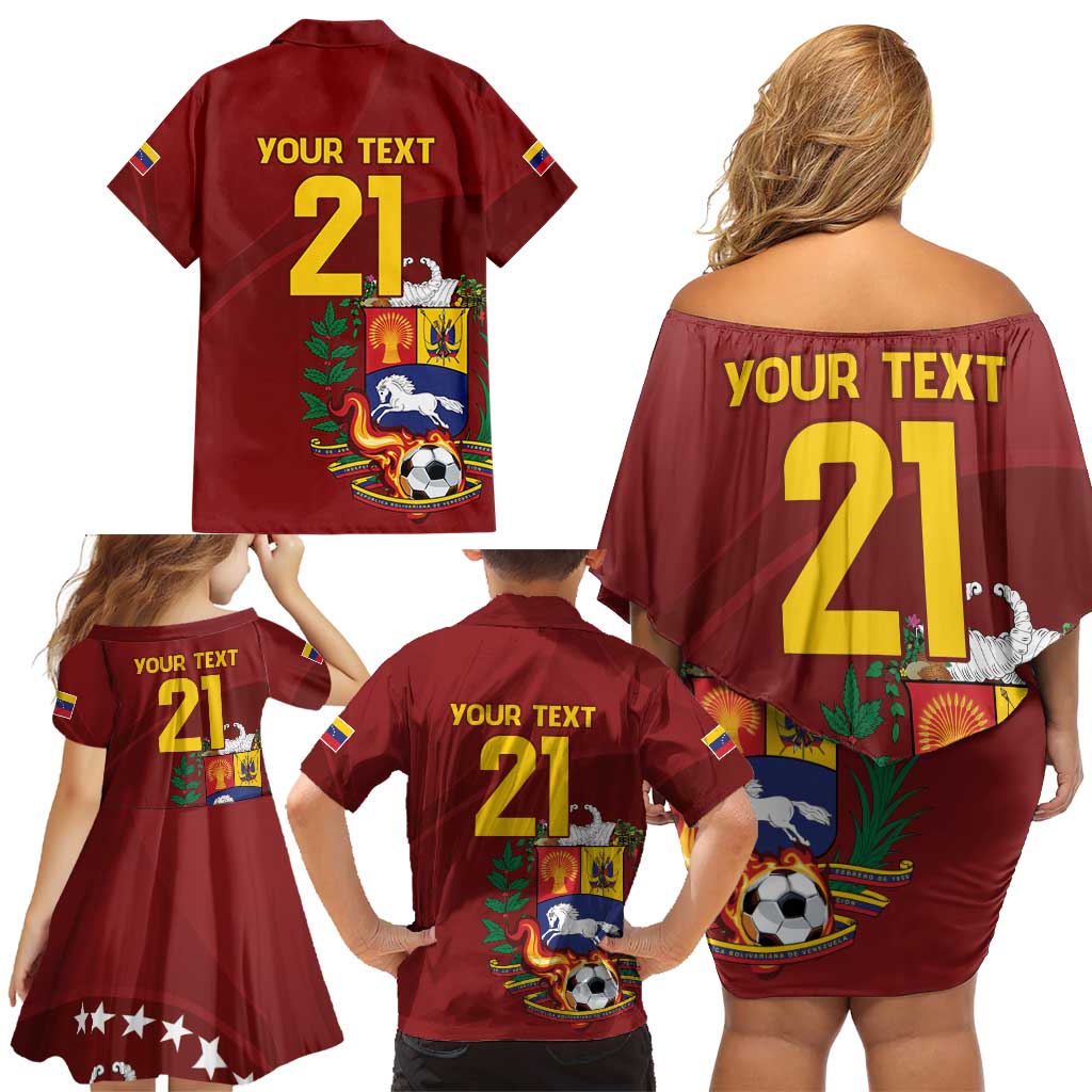 Venezuela Football Custom Family Matching Off Shoulder Short Dress and Hawaiian Shirt La Vinotinto Red Wine Coat of Arms