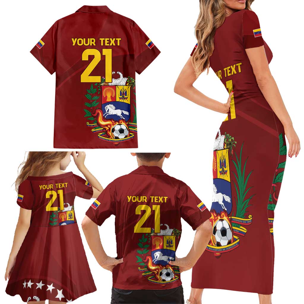 Venezuela Football Custom Family Matching Short Sleeve Bodycon Dress and Hawaiian Shirt La Vinotinto Red Wine Coat of Arms