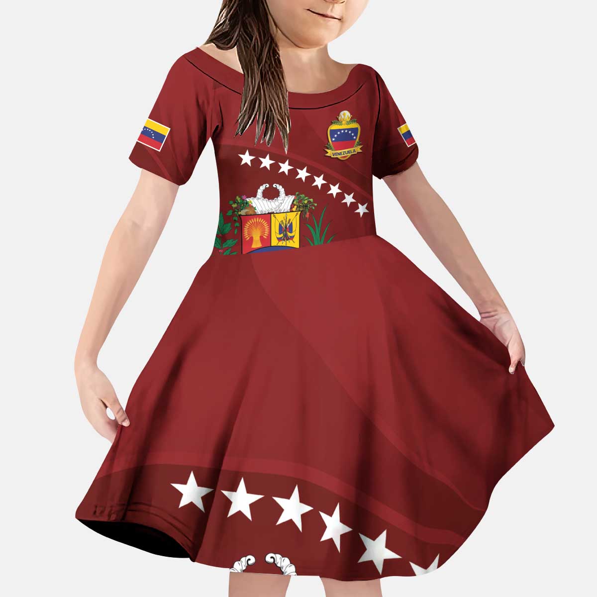 Venezuela Football Custom Kid Short Sleeve Dress La Vinotinto Red Wine Coat of Arms