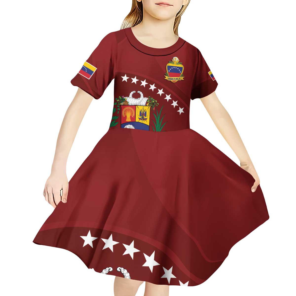 Venezuela Football Custom Kid Short Sleeve Dress La Vinotinto Red Wine Coat of Arms
