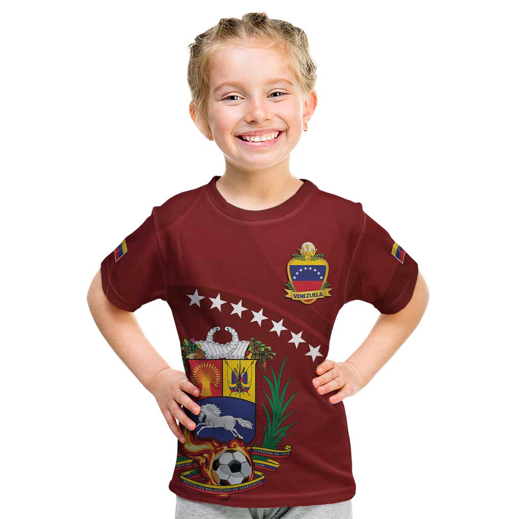 Venezuela Football Custom Kid T Shirt La Vinotinto Red Wine Coat of Arms