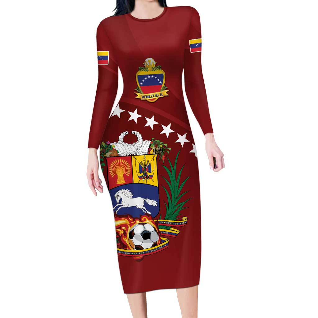Venezuela Football Custom Long Sleeve Bodycon Dress La Vinotinto Red Wine Coat of Arms