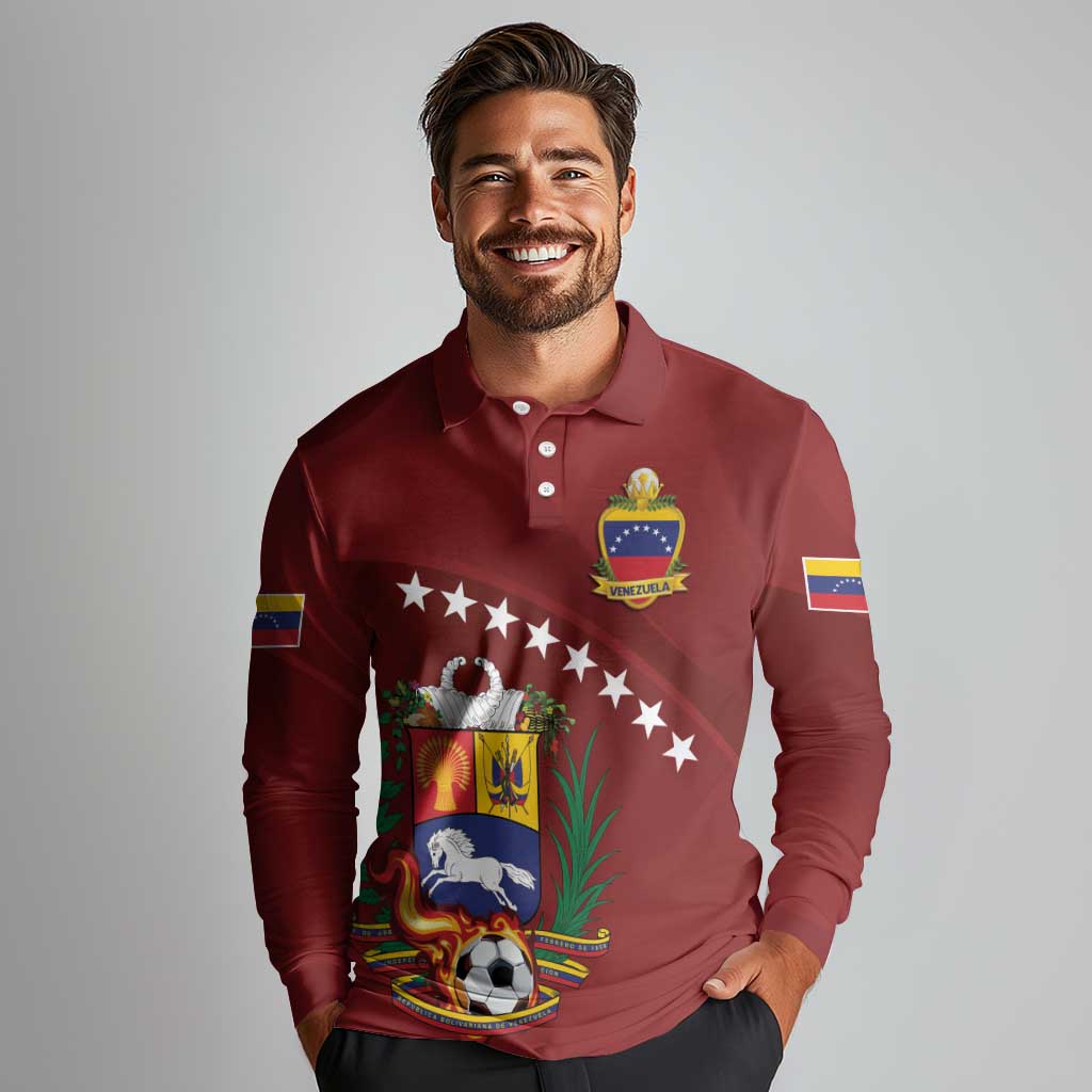 Venezuela Football Custom Long Sleeve Polo Shirt La Vinotinto Red Wine Coat of Arms