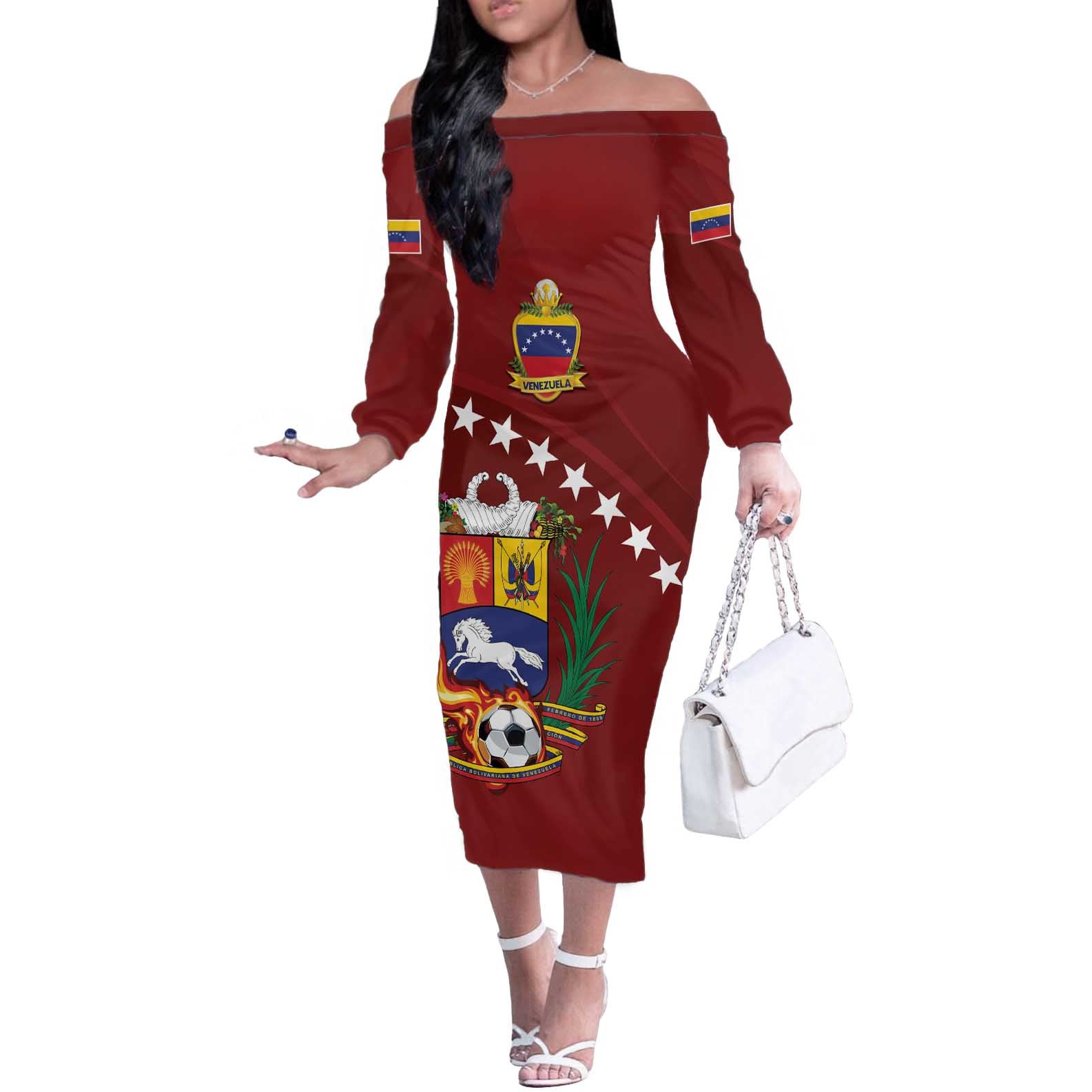 Venezuela Football Custom Off The Shoulder Long Sleeve Dress La Vinotinto Red Wine Coat of Arms