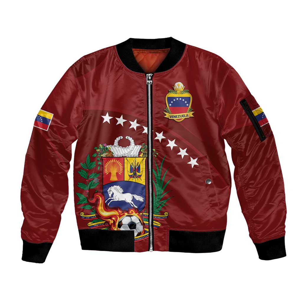 Venezuela Football Custom Sleeve Zip Bomber Jacket La Vinotinto Red Wine Coat of Arms