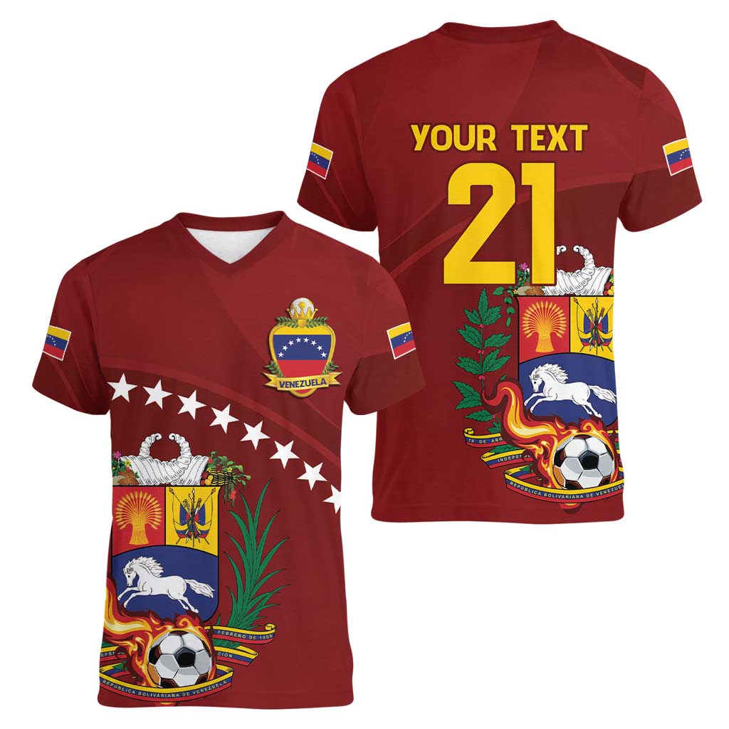 Venezuela Football Custom Women V-Neck T-Shirt La Vinotinto Red Wine Coat of Arms