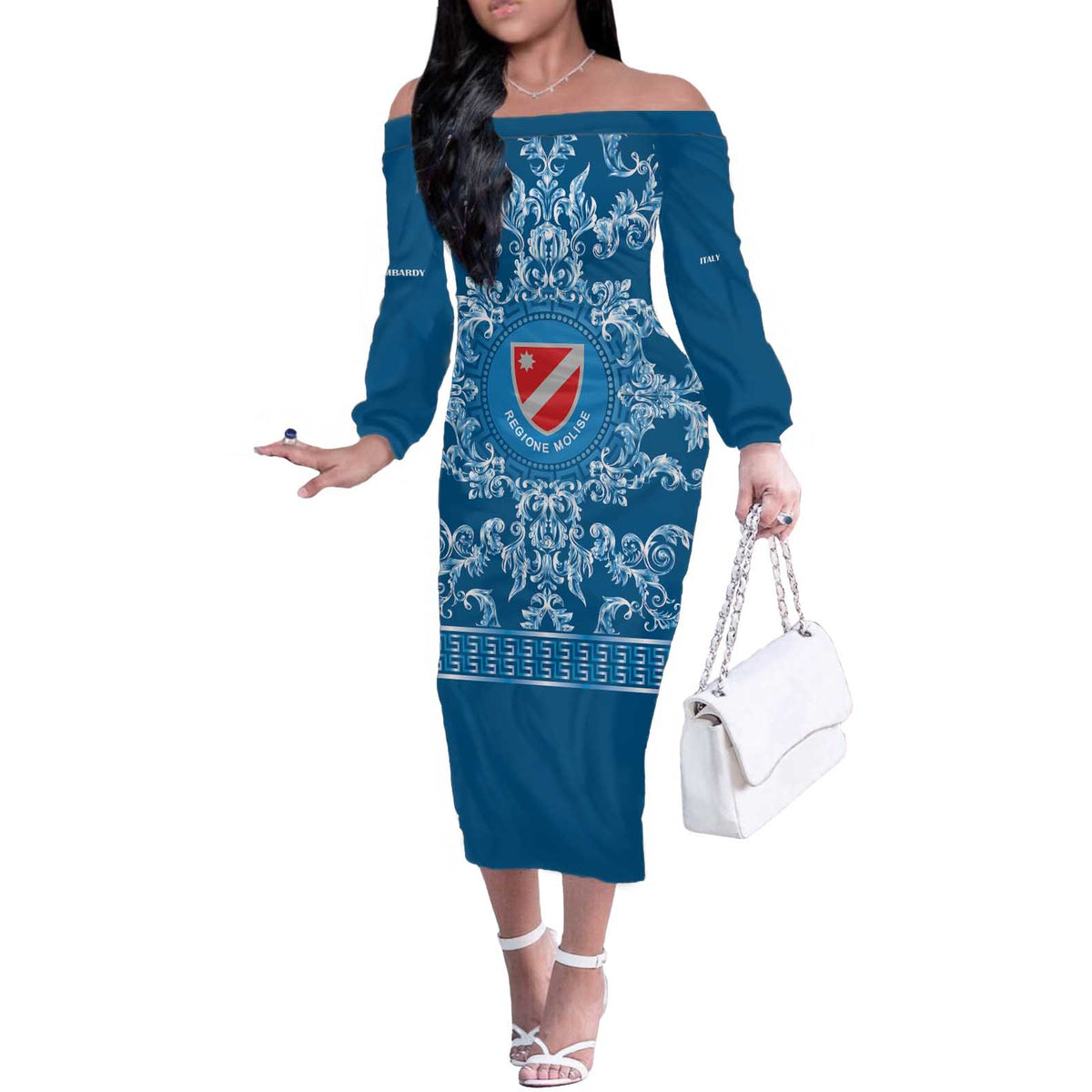 Personalized Italy Molise Off The Shoulder Long Sleeve Dress Baroque Motif