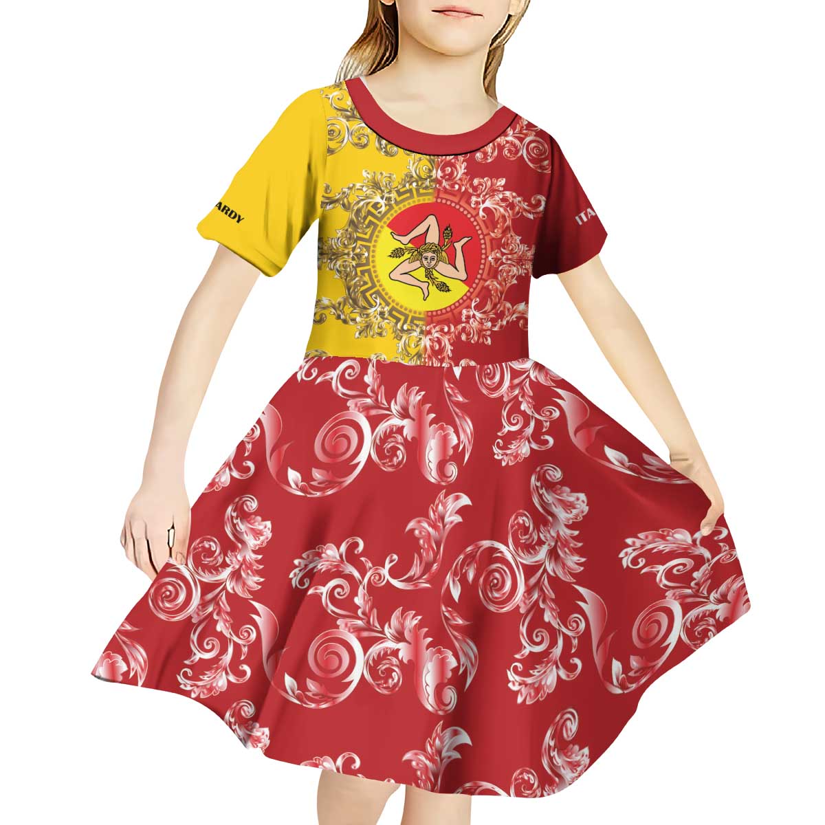 Personalized Italy Sicily Kid Short Sleeve Dress Baroque Motif