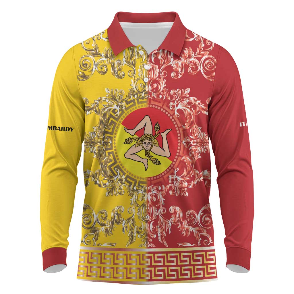 Personalized Italy Sicily Long Sleeve Polo Shirt Baroque Motif
