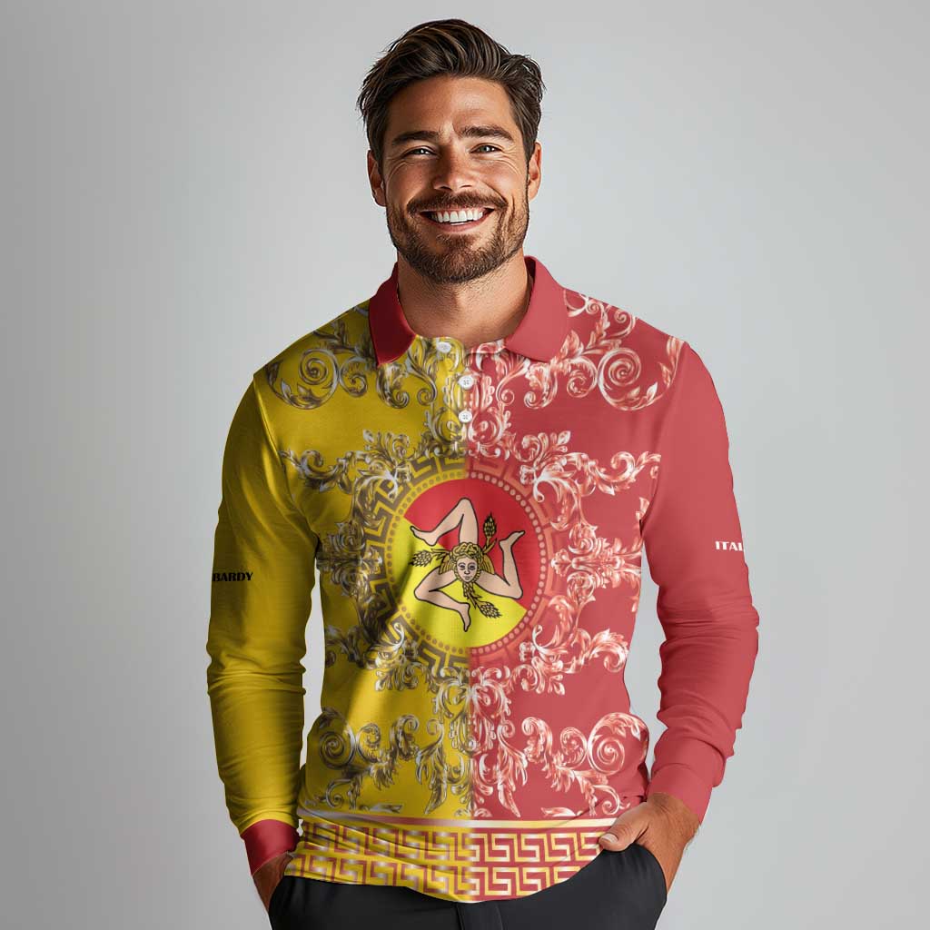 Personalized Italy Sicily Long Sleeve Polo Shirt Baroque Motif