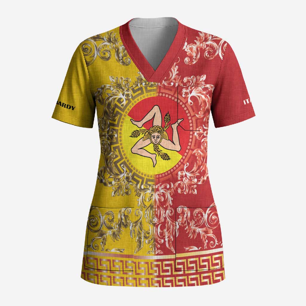 Personalized Italy Sicily Scrub Top Baroque Motif